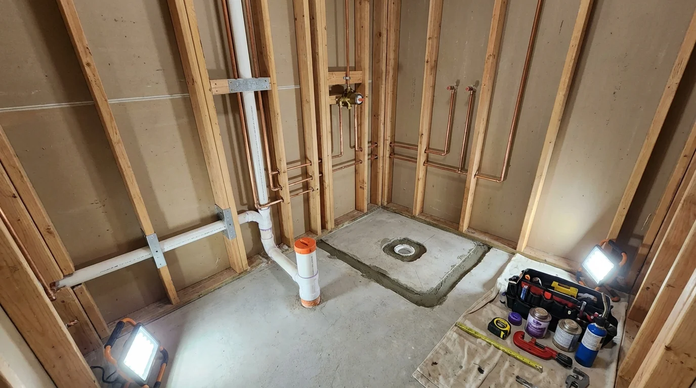 Bathroom rough-in plumbing during remodel by Johns Plumbing LLC in Farrell