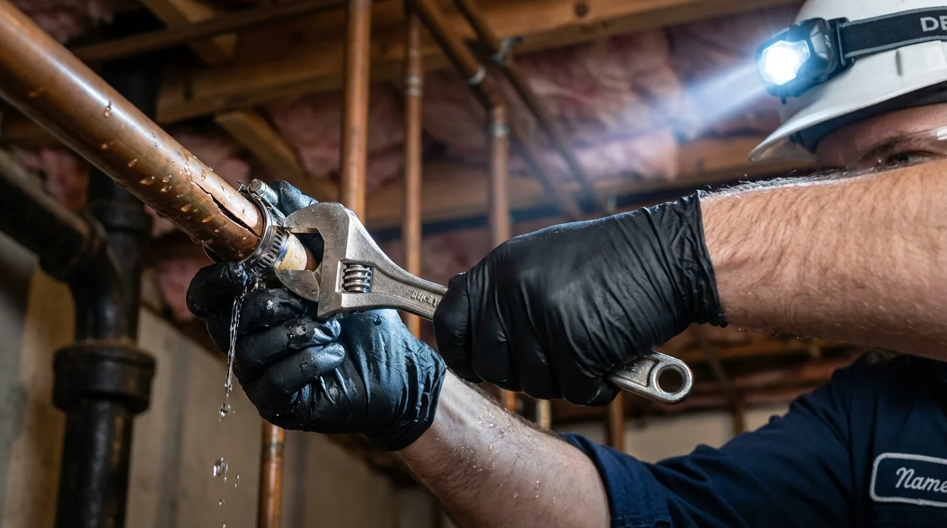 Emergency pipe clamp repair being performed by a Johns Plumbing LLC plumber in Farrell