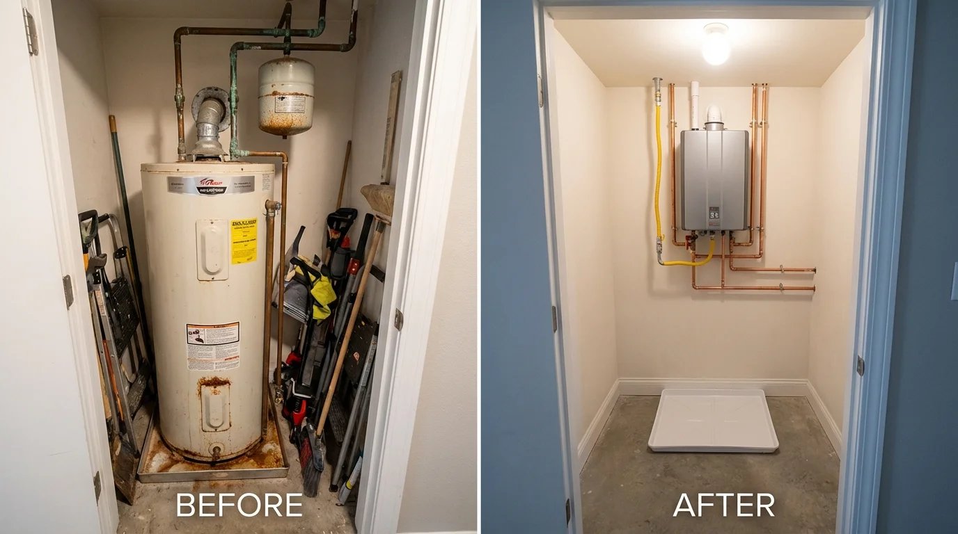 Tank water heater versus wall-mounted tankless unit comparison for Farrell, PA homeowners
