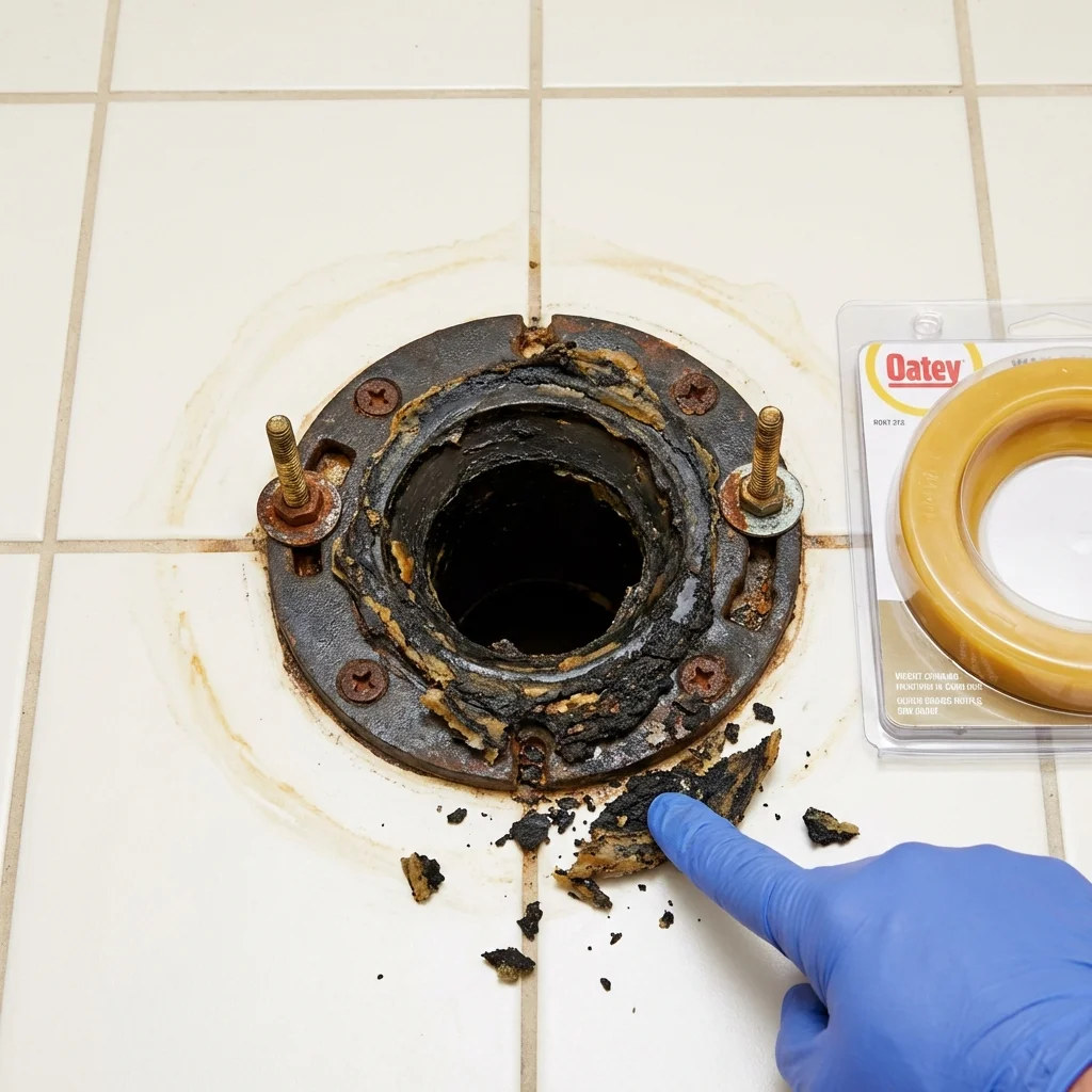 Failed wax ring showing water seepage at the base of a toilet in a Farrell, PA home