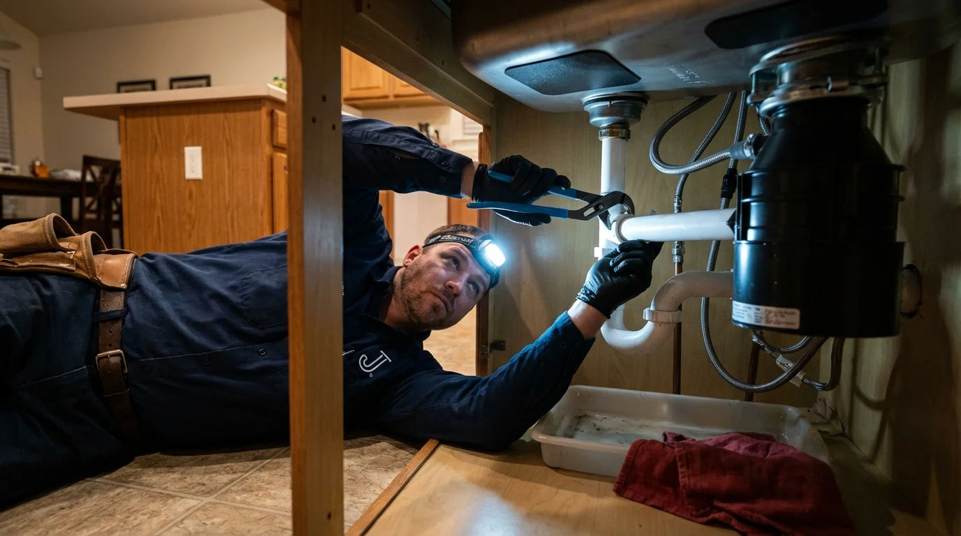 P-trap and supply line connections under a kitchen sink showing a common leak point in Farrell, PA